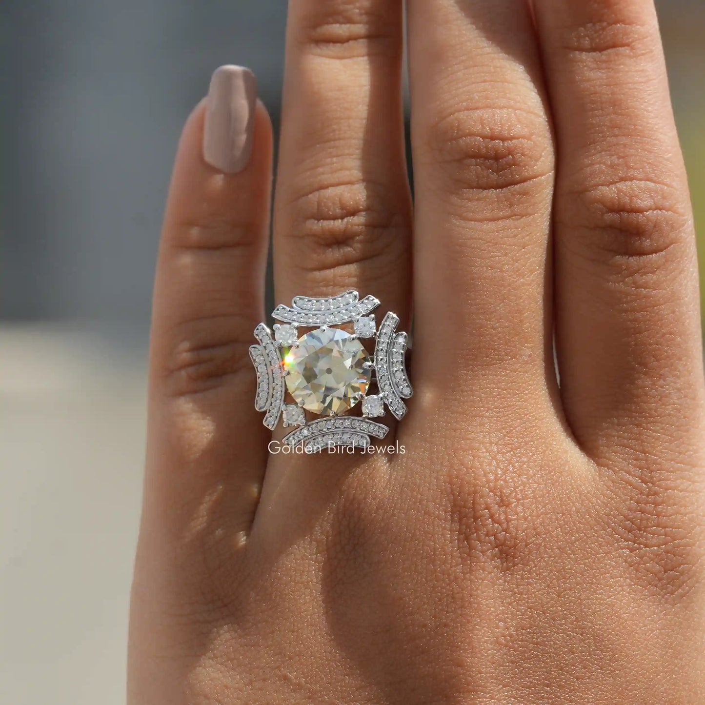 View of Old European Round Cut Moissanite Ring In Finger