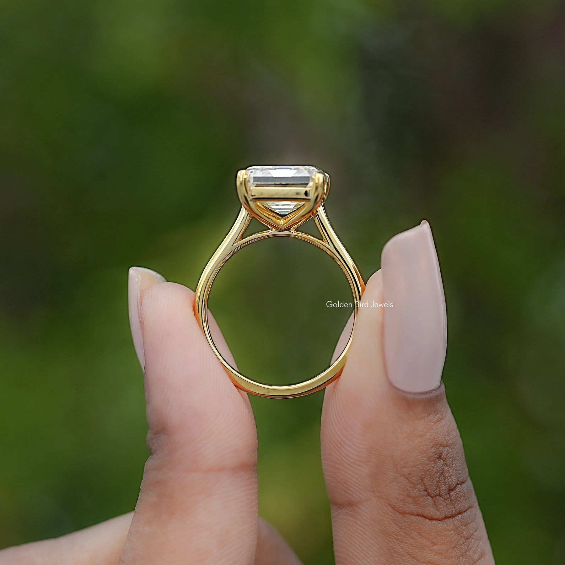Back view of Old Mine Asscher Moissanite Solitaire Ring in secure setting