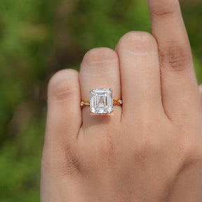 In finger view of Old Mine Asscher Moissanite Solitaire Ring