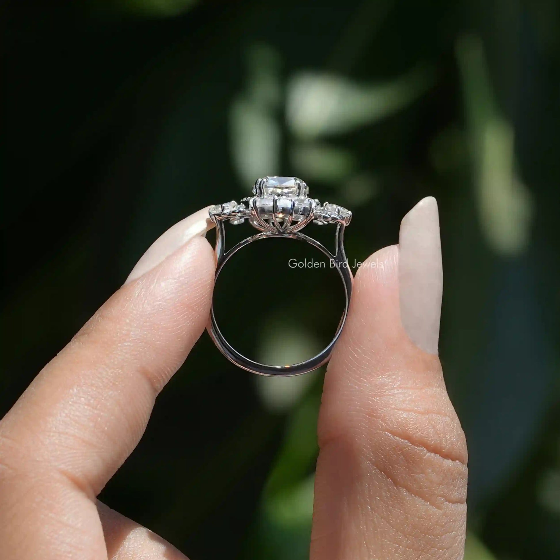 Back View of Cathedral Set Old Mine Cushion Cut Ring In two fingers