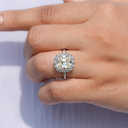 Off White Old Mine Cushion Cut Moissanite Ring