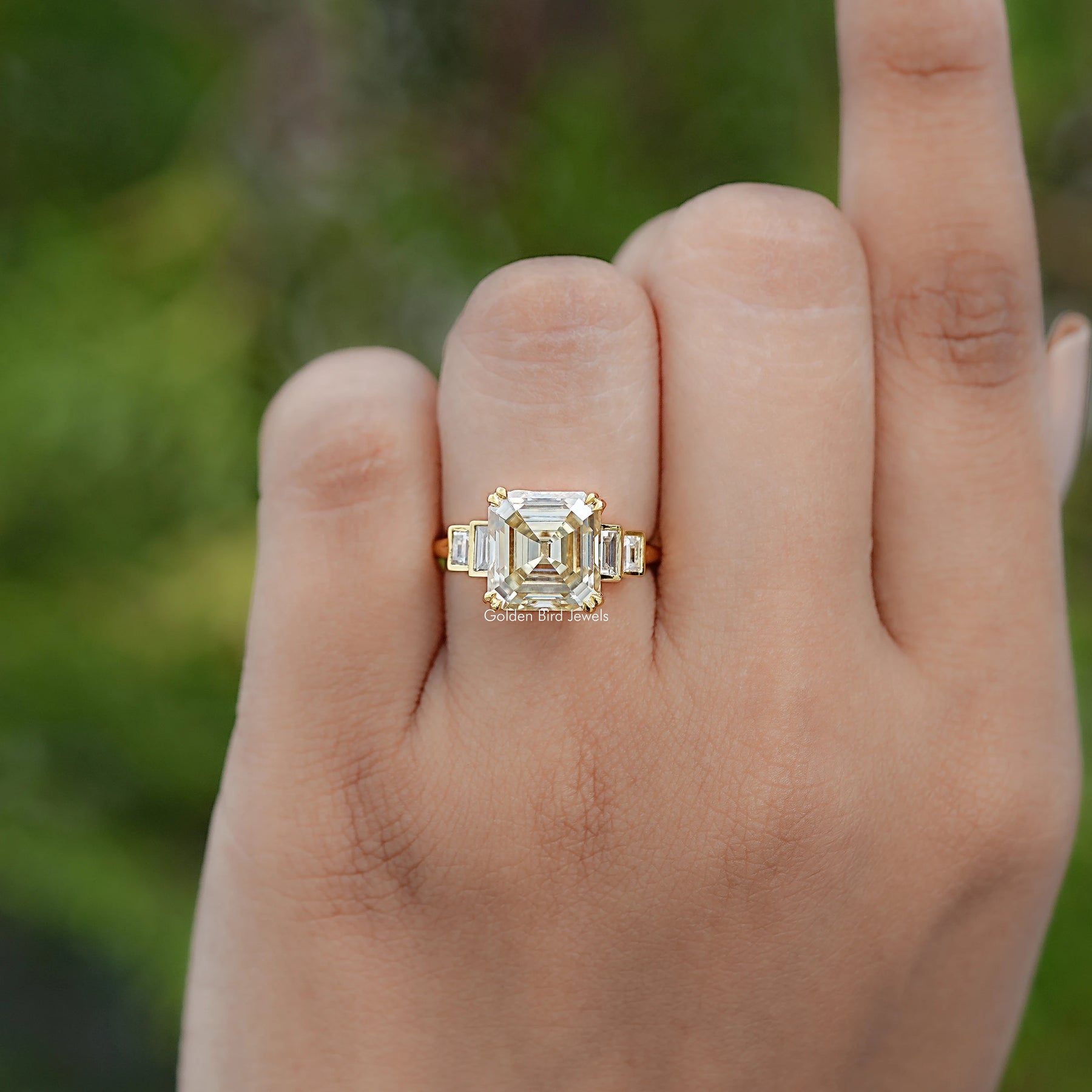 In finger view of Asscher Cut Solitaire Engagement Ring