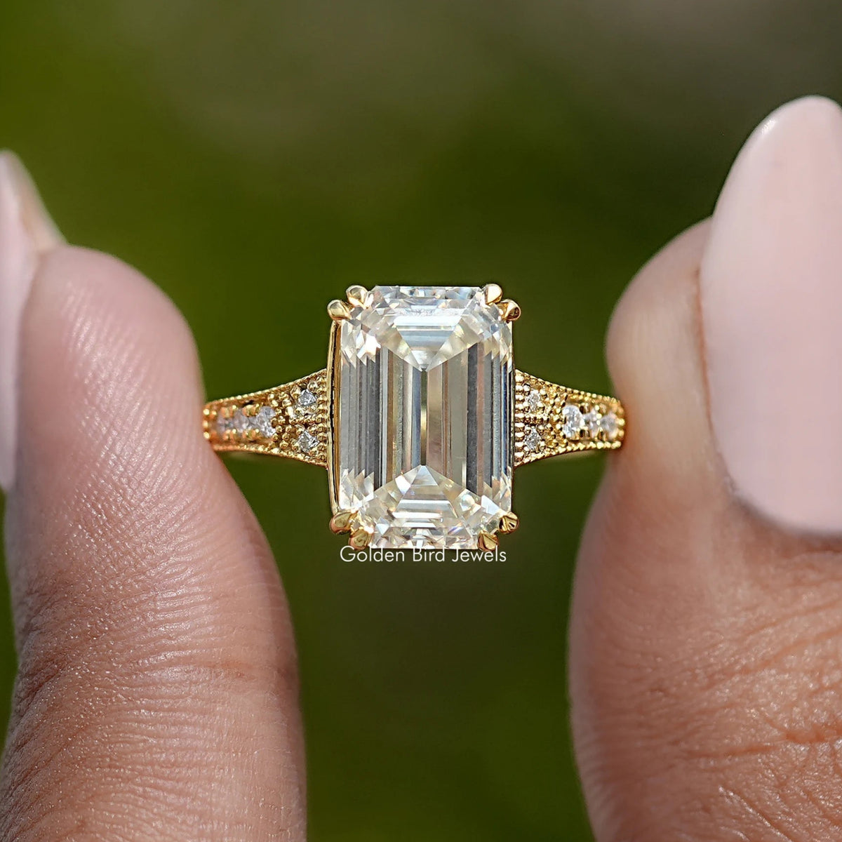 Front View of Old Mine Emerald Cut Moissanite Accent Stone Ring