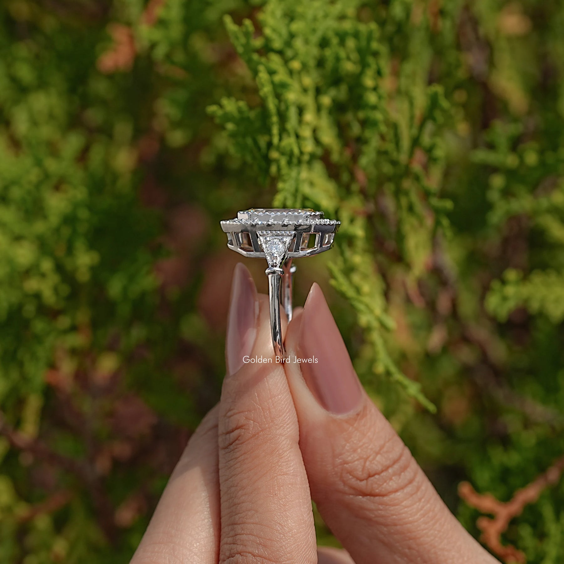 Side View Of Emerald Cut Moissanite Engagement Ring