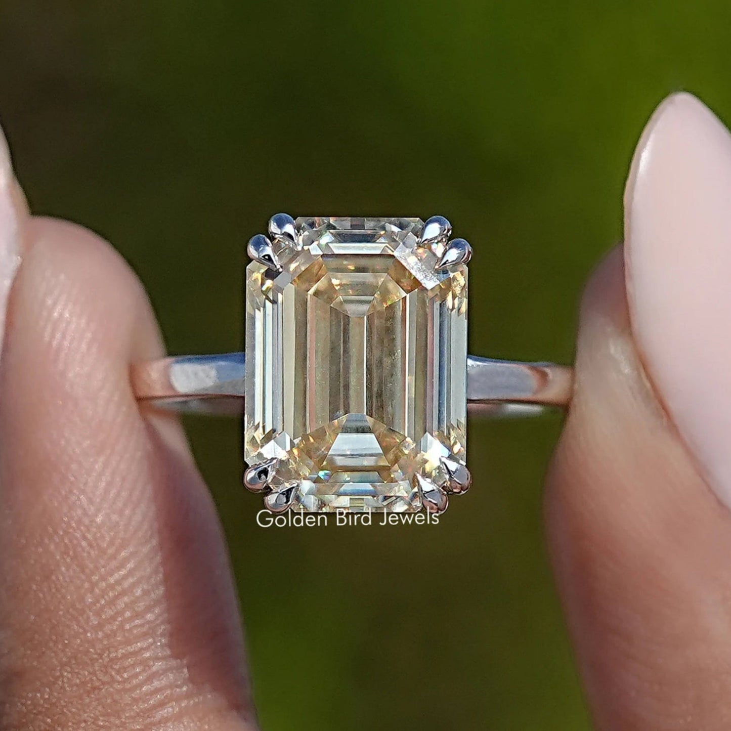 Old Mine Emerald Moissanite Solitaire Ring
