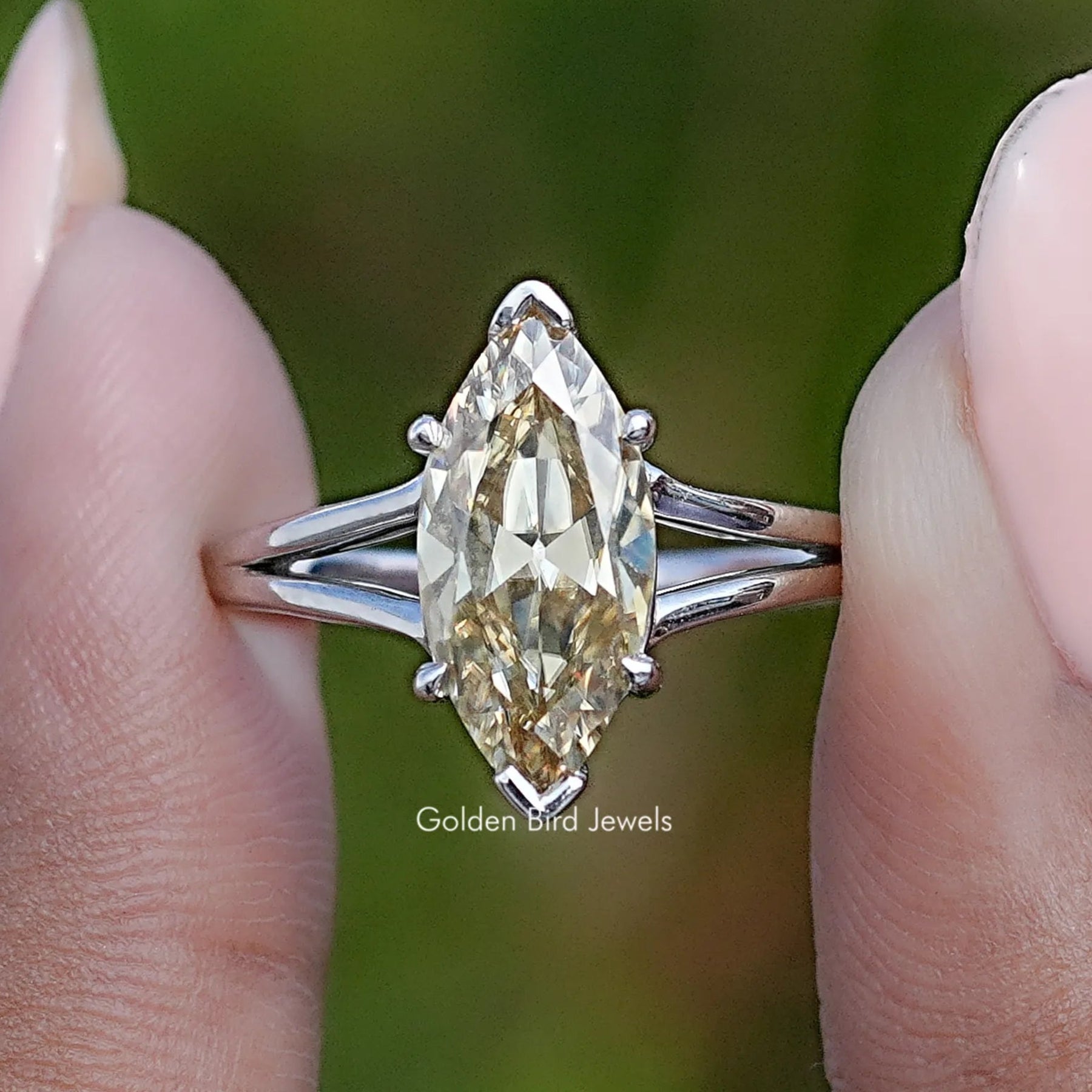 Front View of Old Mine Marquise Shaped Moissanite Solitaire Ring