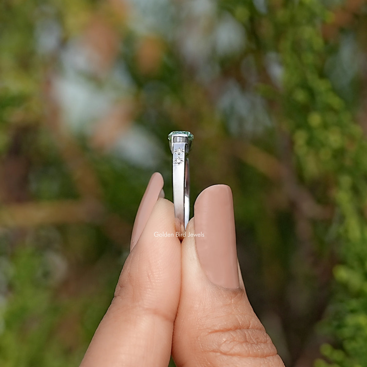 Side View Of Old Mine Moval Moissanite Ring
