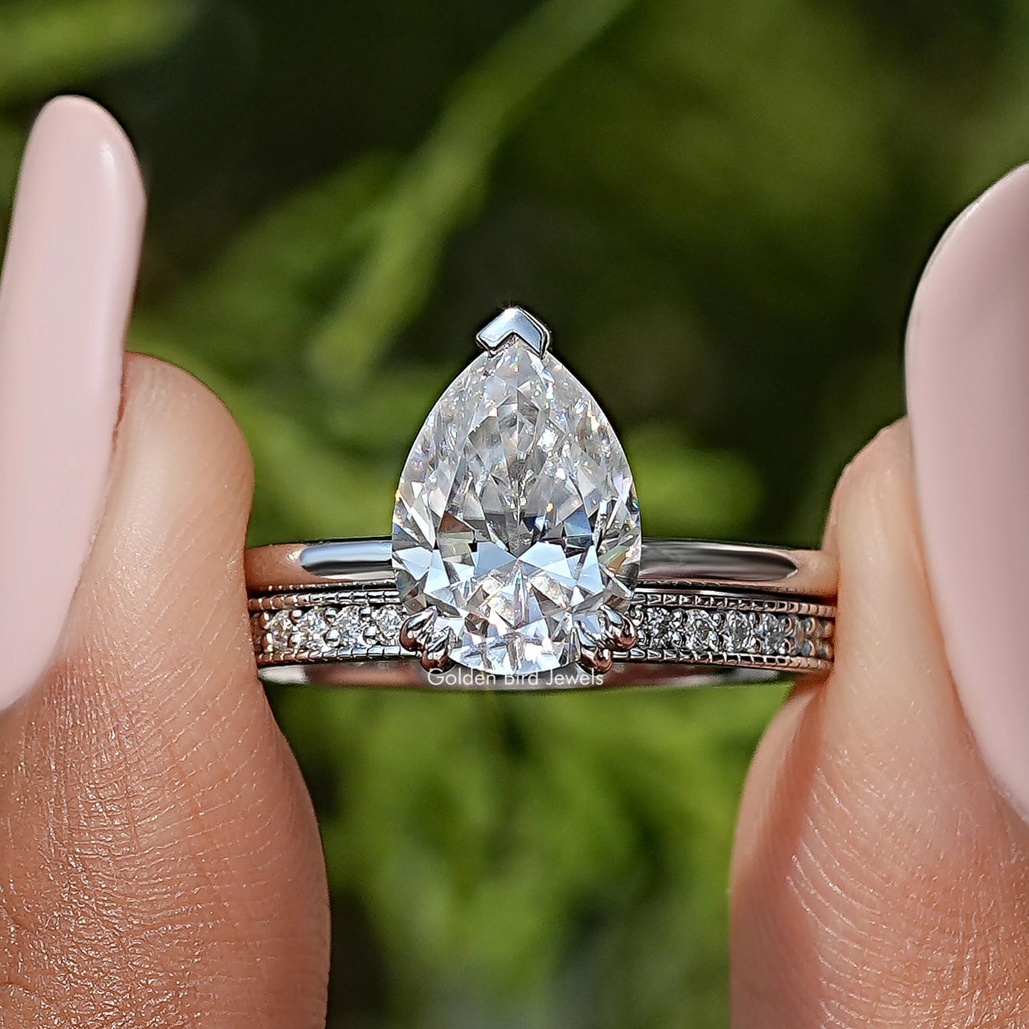 Pear Moissanite Hidden Halo Ring With Eternity Band