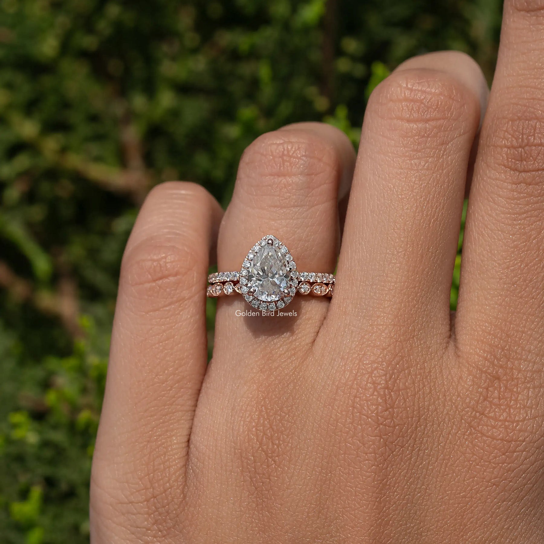 Pear Shaped Moissanite Halo Accent Bridal Set