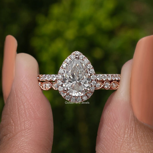 Pear Cut Moissanite Halo Bridal Ring Set