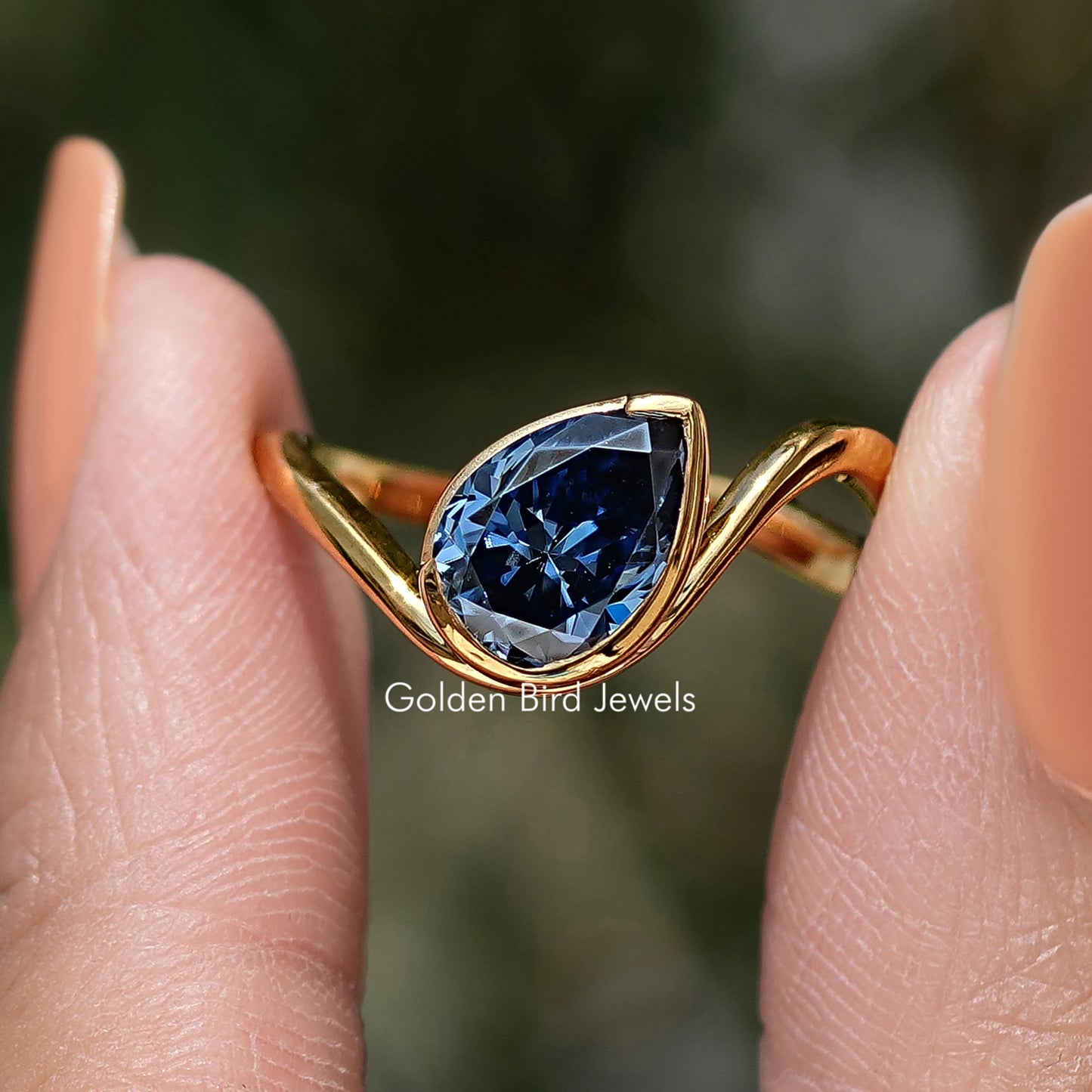 Pear Sapphire Moissanite Curved Solitaire Ring