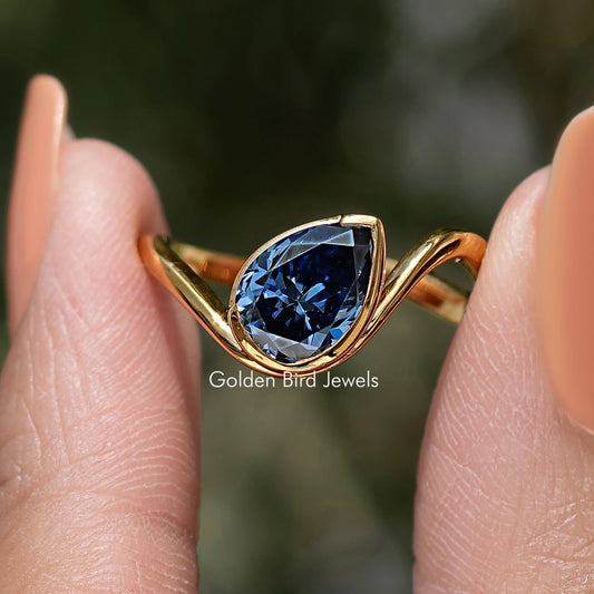 Pear Sapphire Moissanite Curved Solitaire Ring