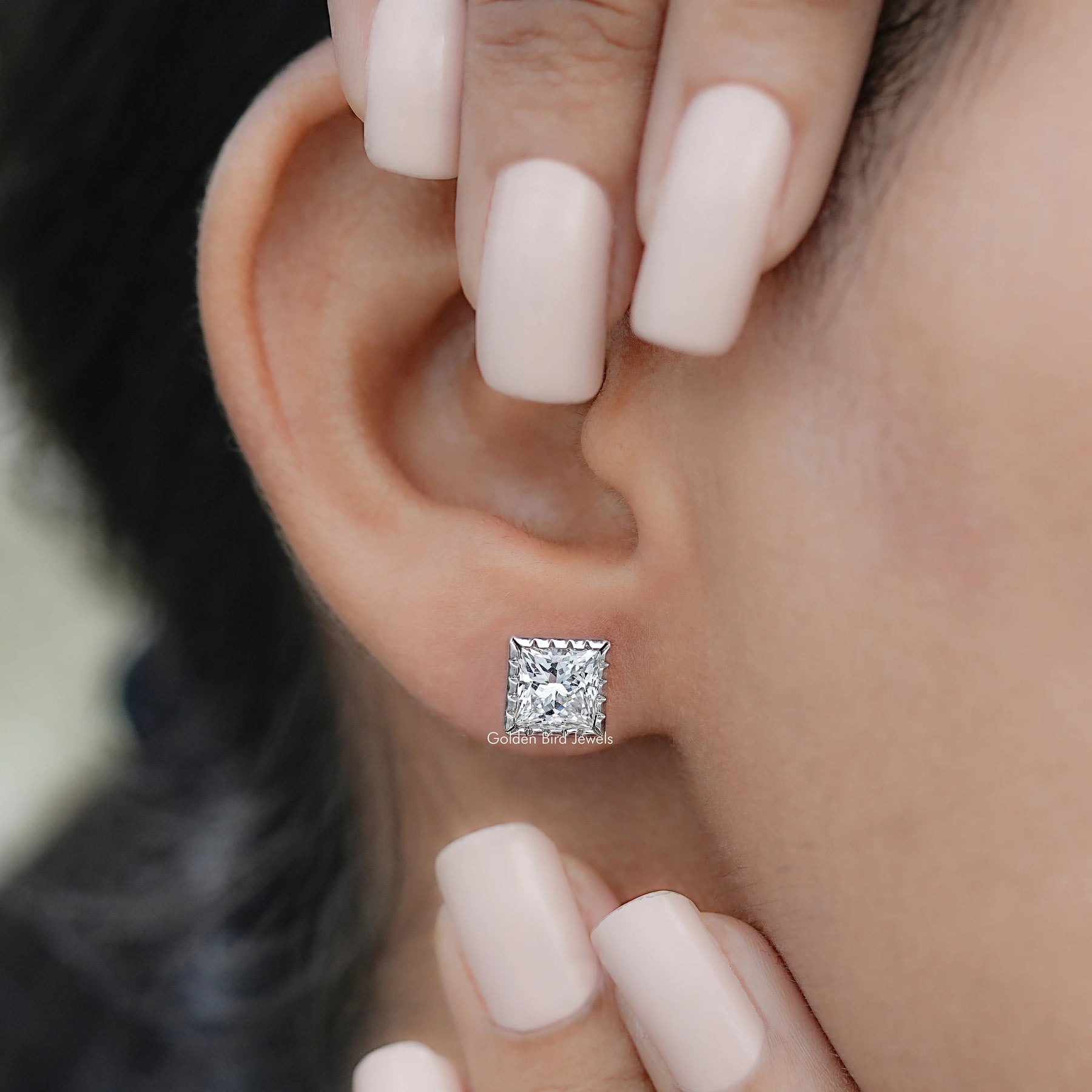 Front view of Princess Diamond Milgrain Stud Earrings