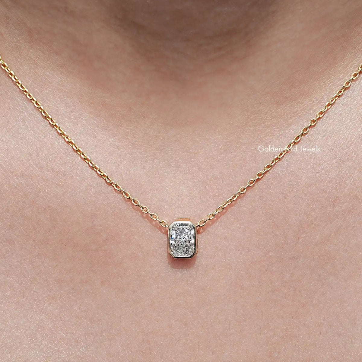 Front View of Radiant Cut Lab Diamond Bezel Set Solitaire Pendant