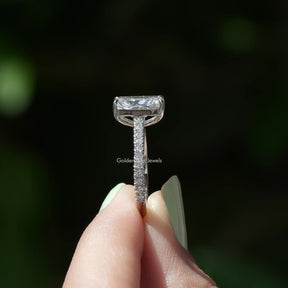 Side View of Radiant Cut Solitaire Lab Grown Ring In two fingers