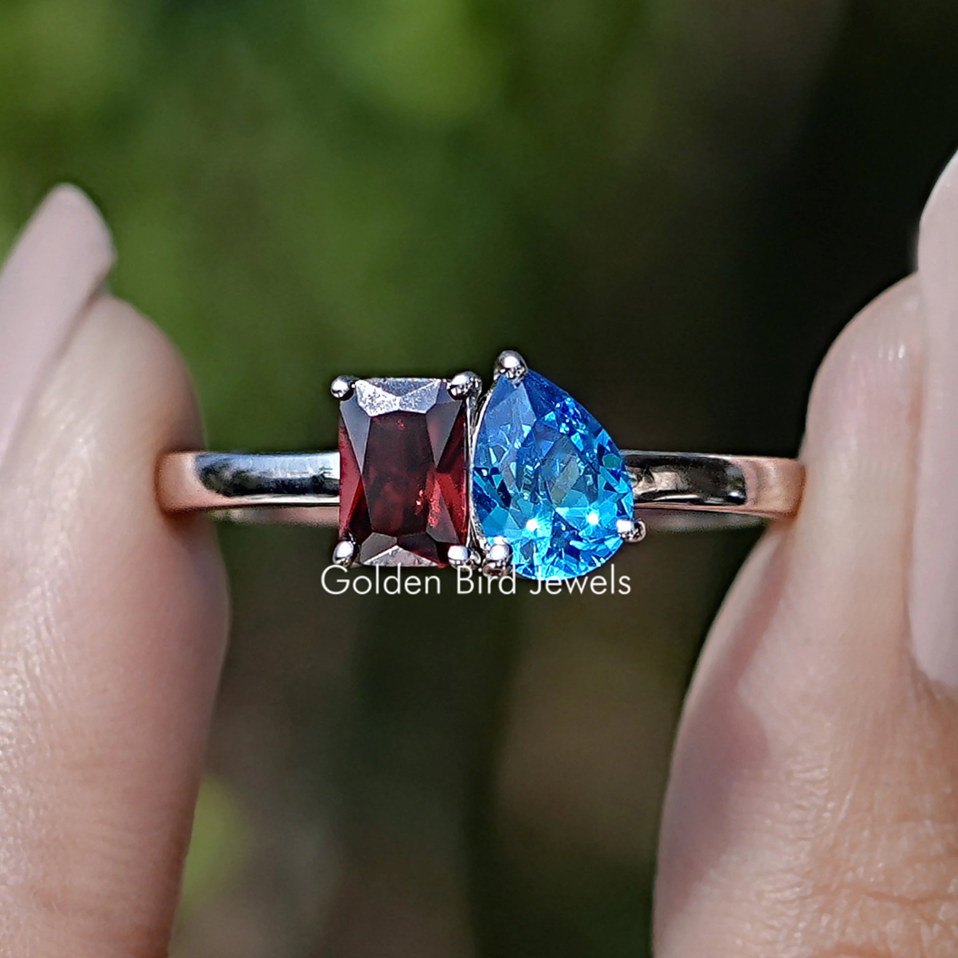 Front view of Moissanite Engagement Ring in Radiant and Pear Cut Stones