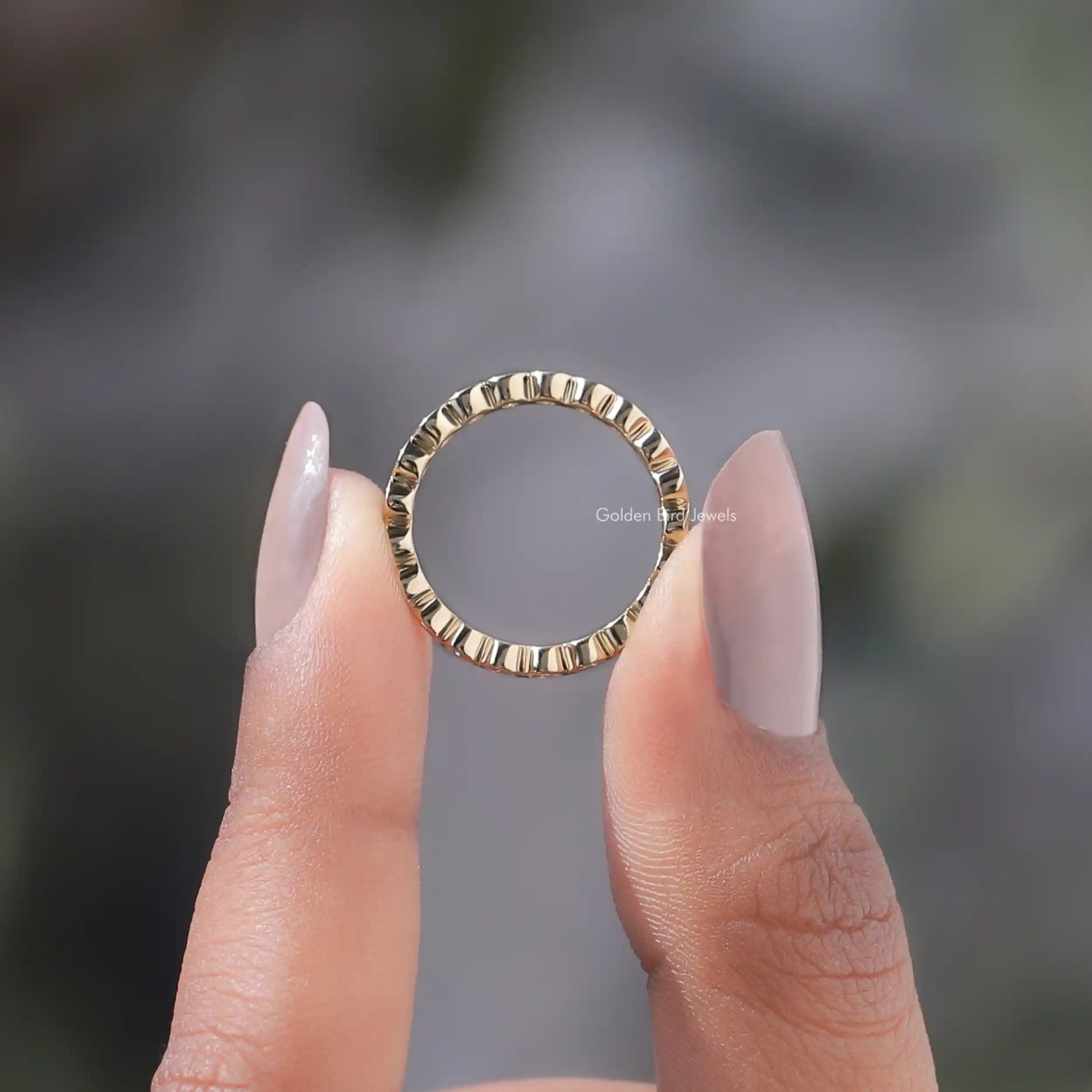 Back View of Round Diamond Bezel Set Eternity Band In two fingers