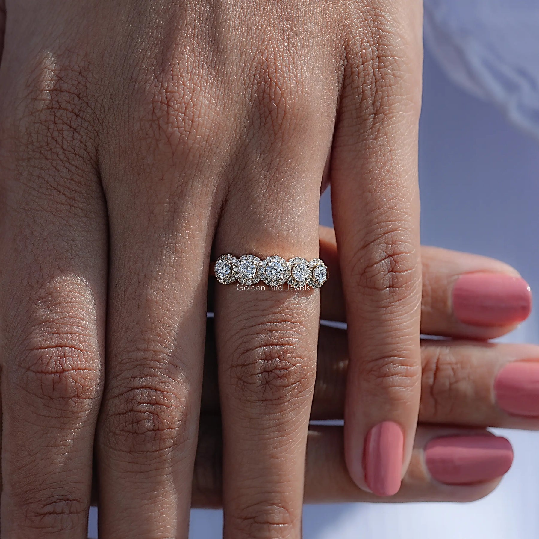 Detailed View Of Lab Diamond Round Five Stone Halo Band
