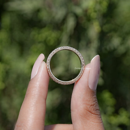 Back view of Round Cut Lab Diamond Three Row Pave Band