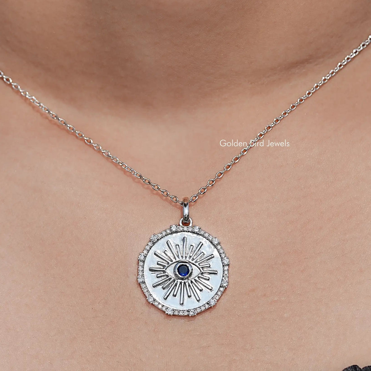 Round Sapphire Gemstone Evil Eye Halo Pendant
