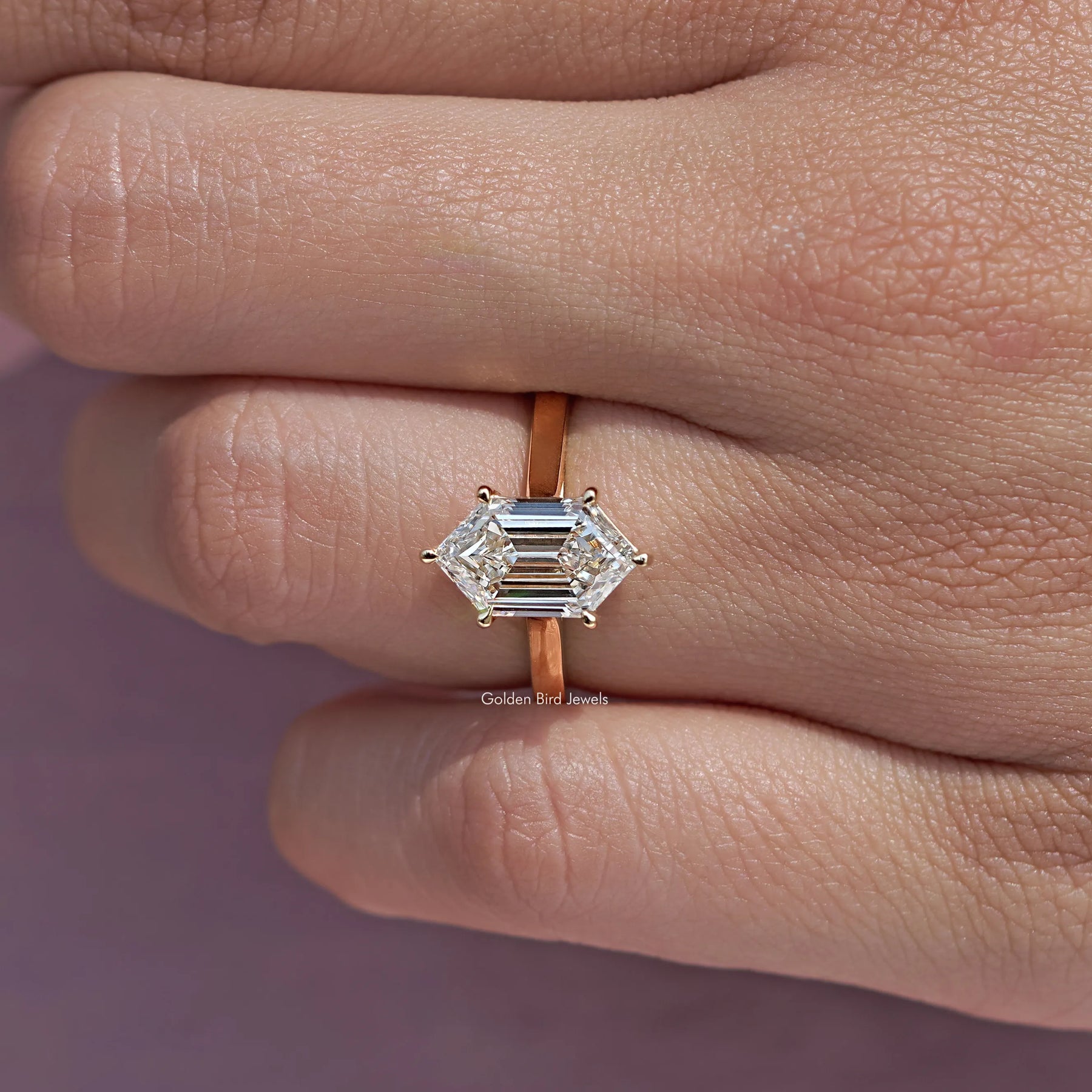 Close-Up View of Step Cut Dutch Marquise Diamond Ring In yellow gold