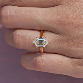 Close-Up View of Step Cut Dutch Marquise Diamond Ring In yellow gold