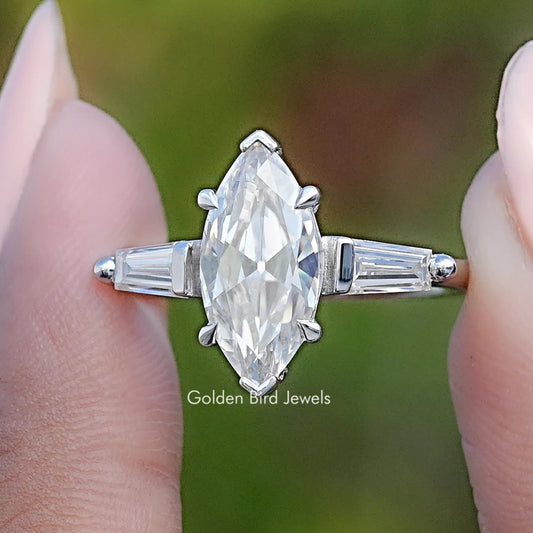 Front View of Three Stone Old Mine Marquise Moissanite Ring