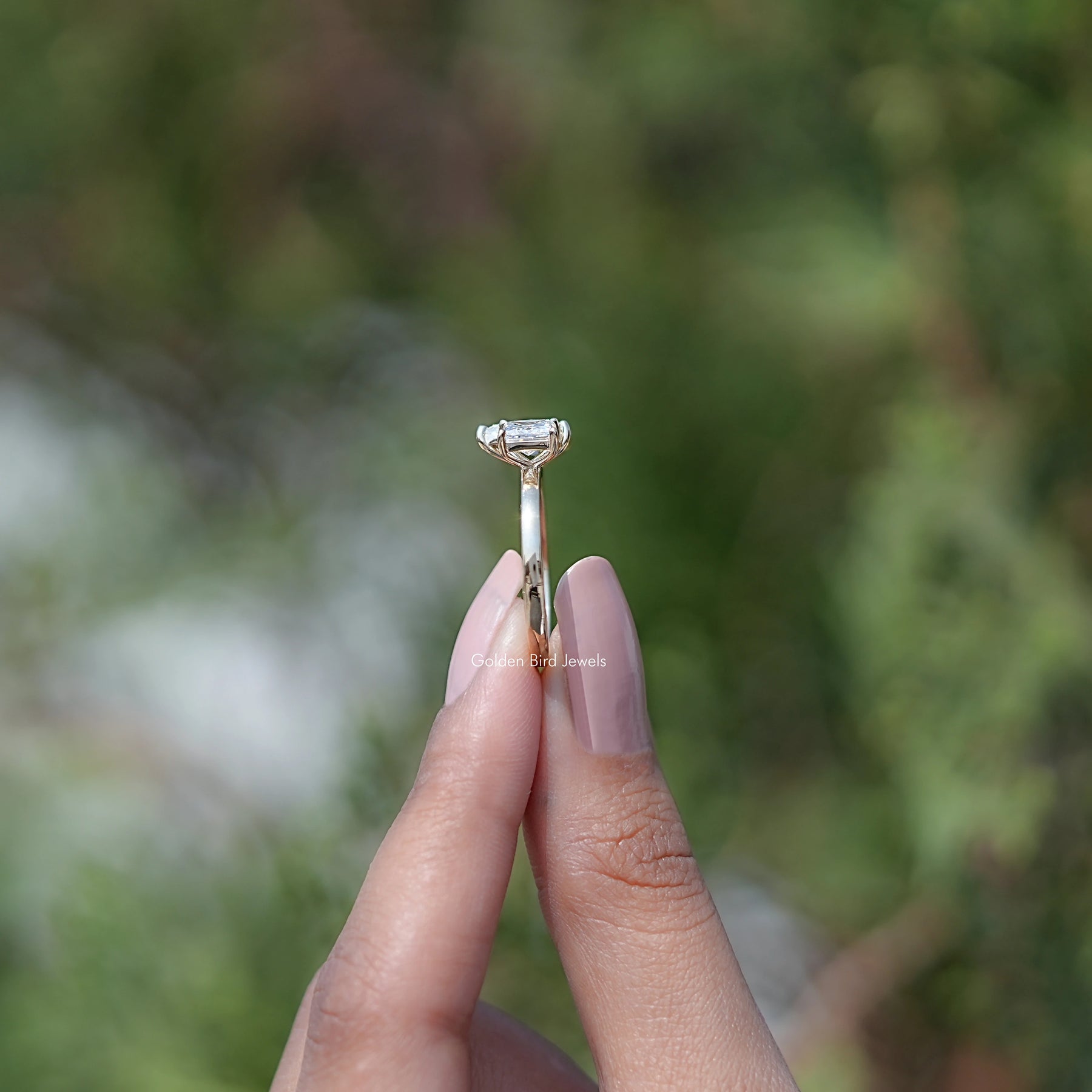 Side View Of Pear and Princess Cut Lab Diamond Ring