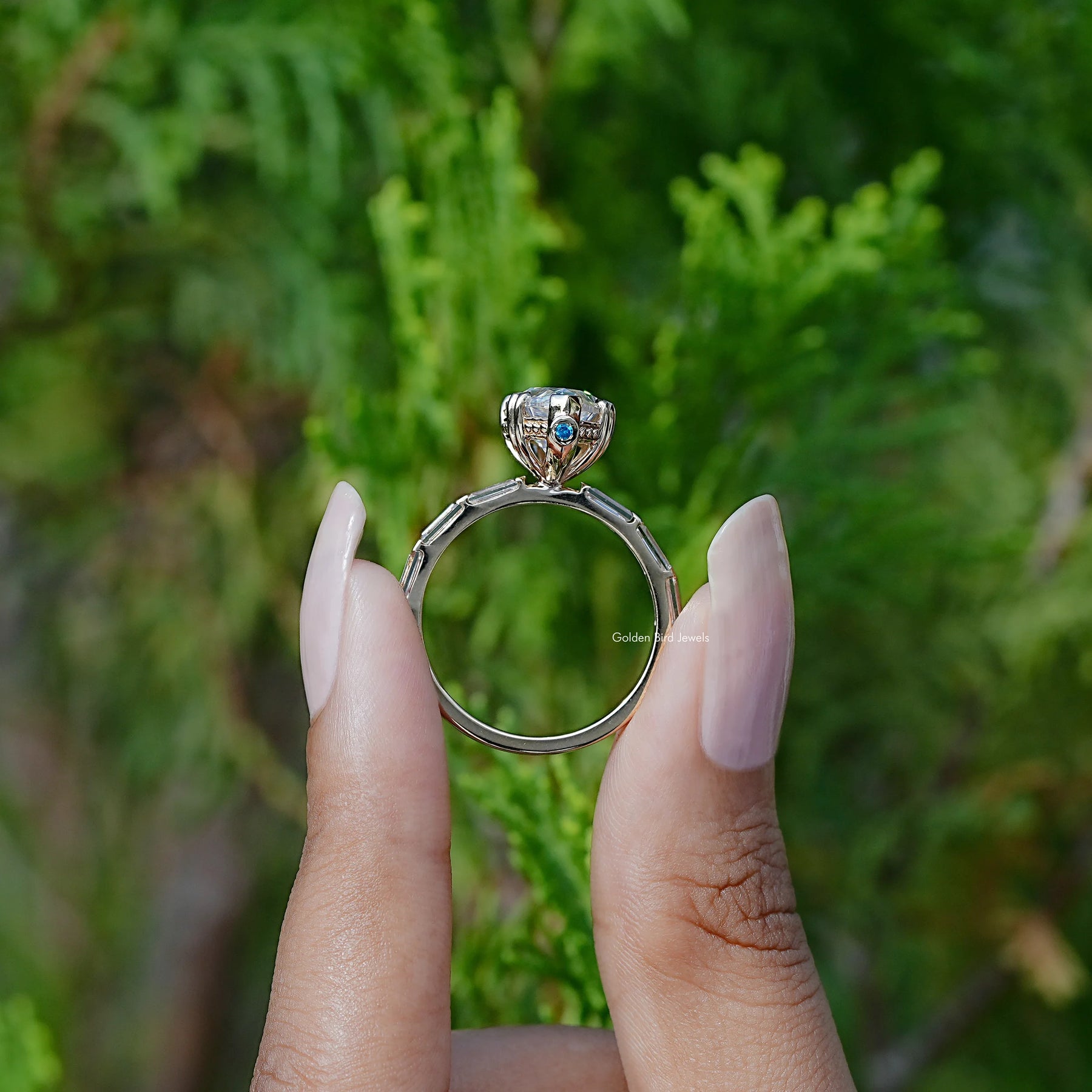 Back view of _Marquise Yellow stone ring in secure setting 