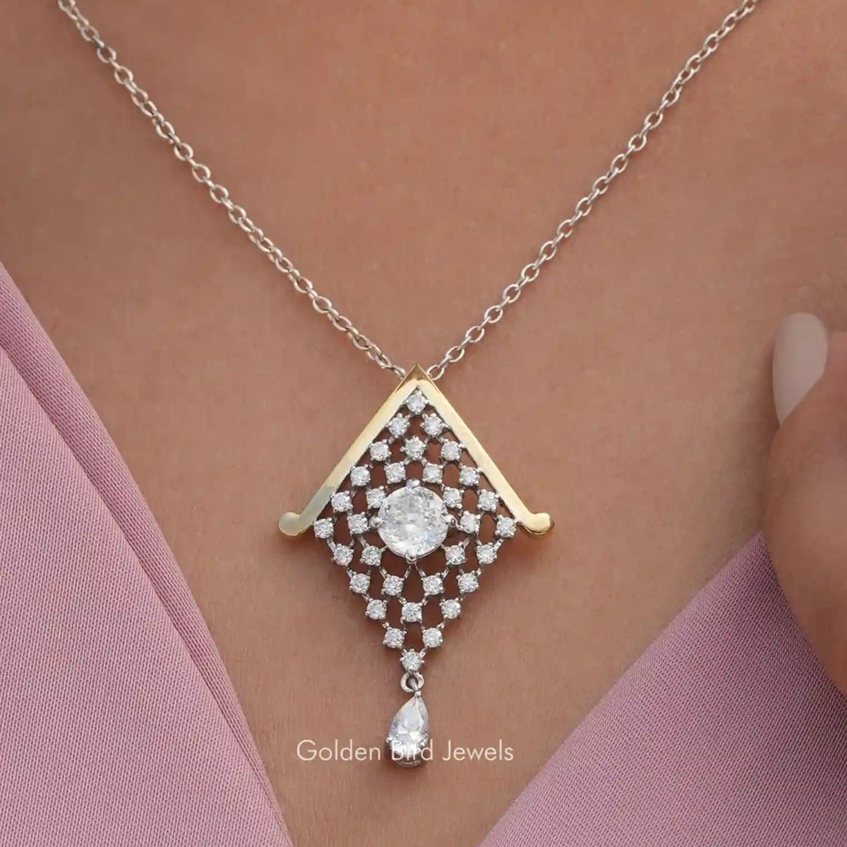 View of Portuguese cut moissanite solitaire pendant 