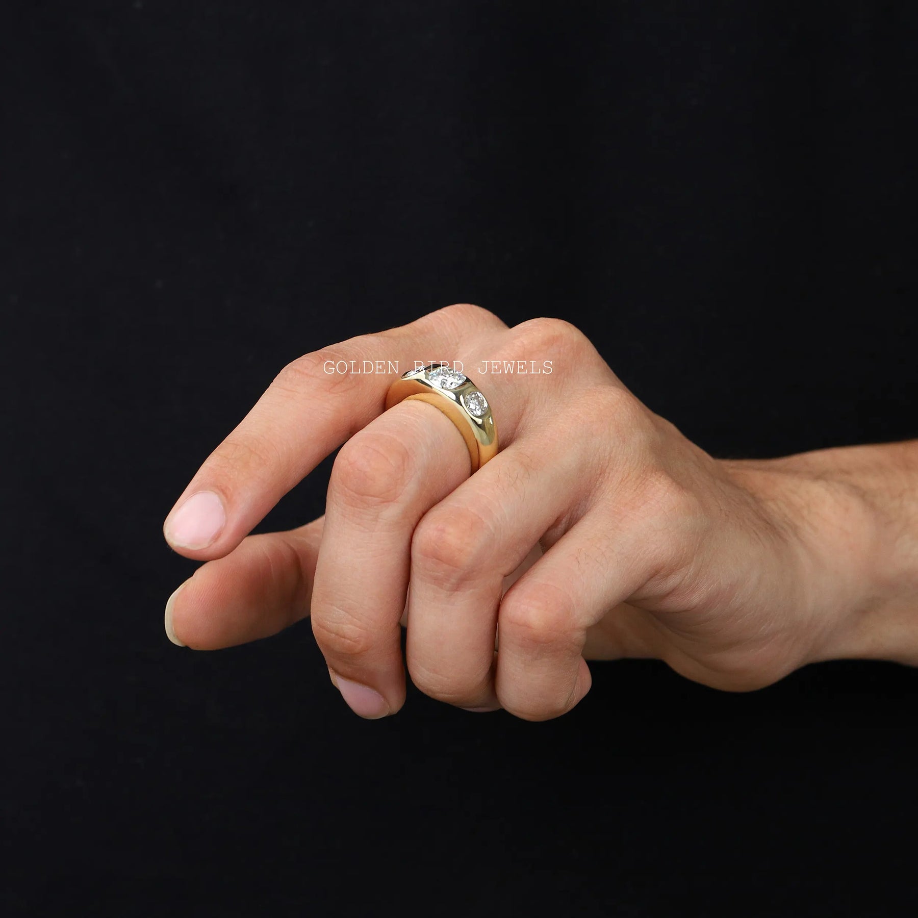 In Finger Side View Of Cushion Cut Moissanite Three Stone Ring